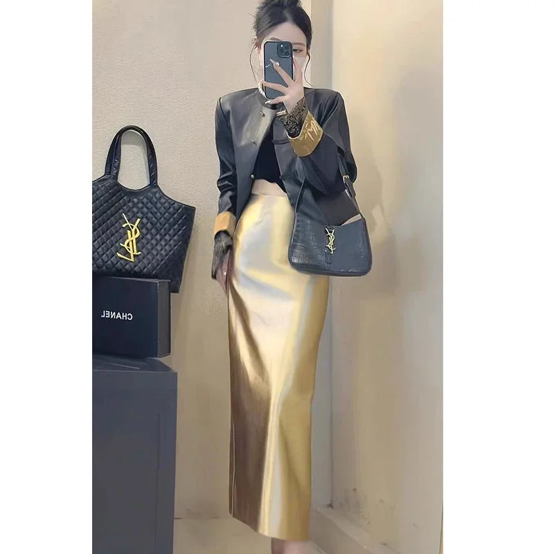 

Autumn and Winter Silk Smooth Glossy Satin High Waist A-line Wrap Hip Skirt Versatile Mid length Acetic Acid Half length Skirt