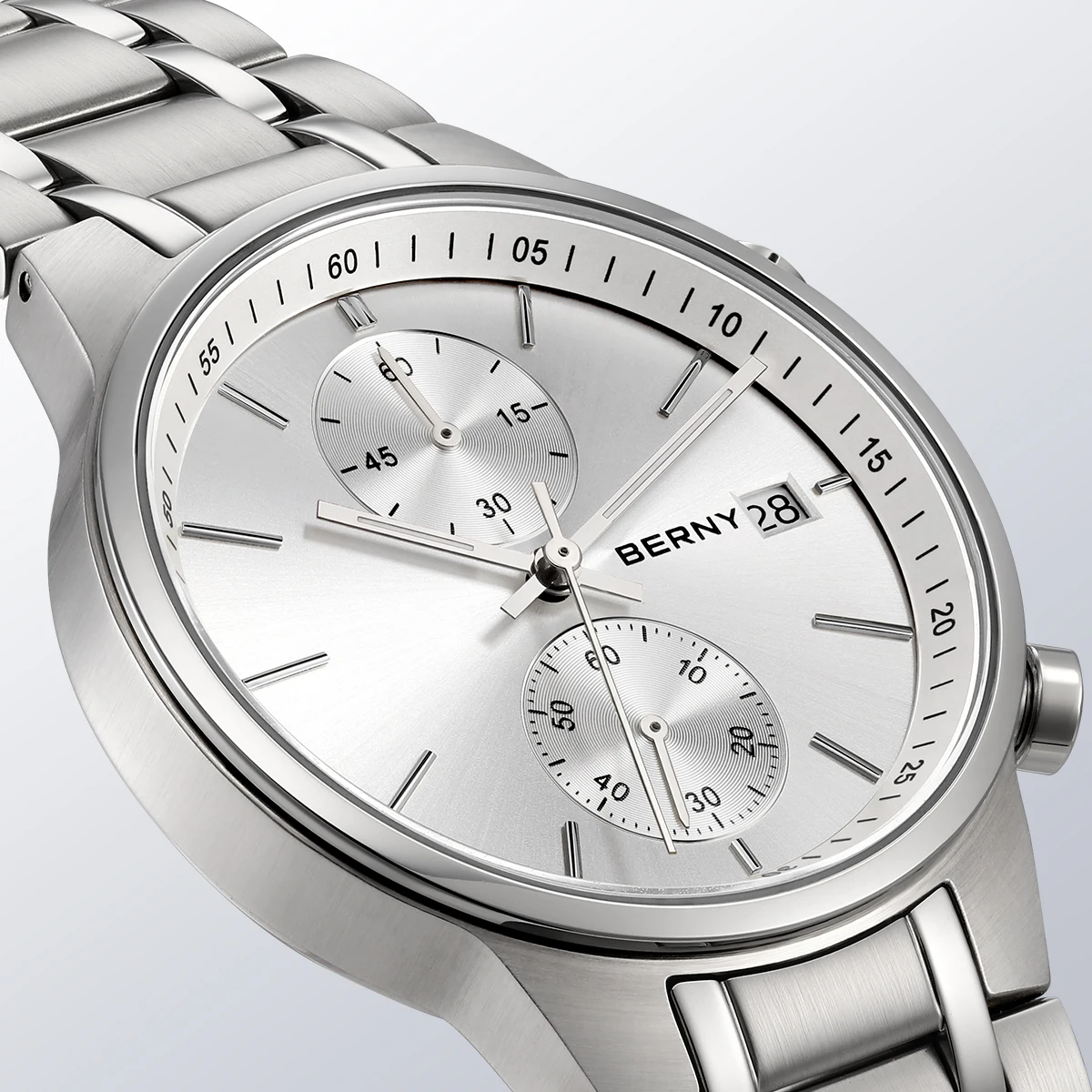 BERNY Chronographenuhren für Herren, modische Multifunktions-Quarzuhr, leuchtendes Datum, komplett aus Edelstahl, Sport-Armbanduhr – Detail 5