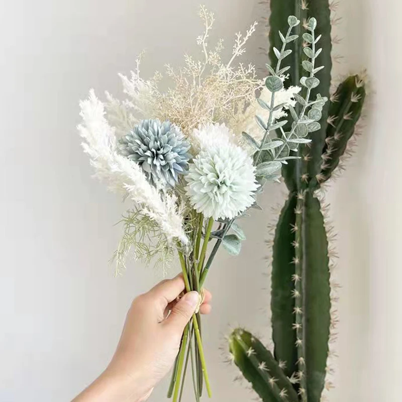 

White Artificial Flower Bouquet, Silk Dandelion, Eucalyptus Hybrid, Wedding Decoration, Living Room Layout, High Quality