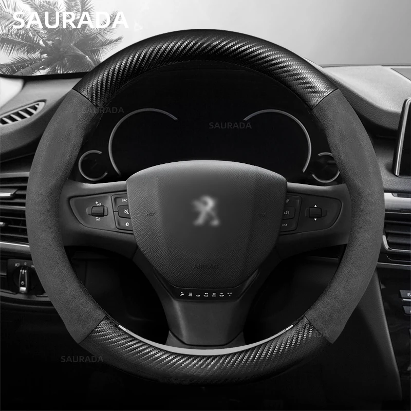 

38cm Carbon Fiber PU Leather Car Steering Wheel Cover For Peugeot 208 2012~2018 308 2014~2021 2008 2013~2018 Auto Accessories