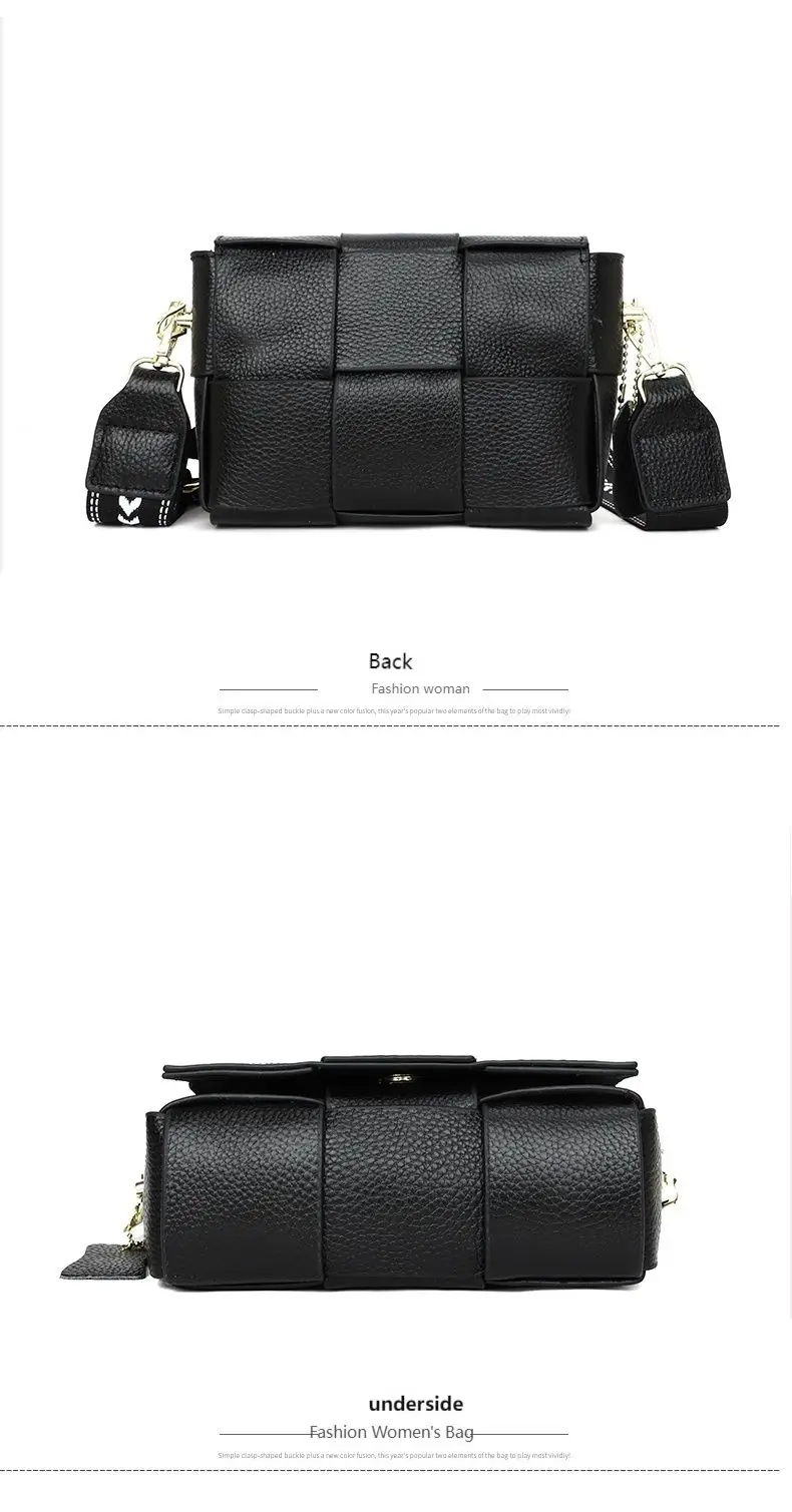100% Cowhide Women's Shoulder Bags Genuine Leather Woven Crossbody Bags Wide Straps Messenger Bags Fashion Designer Brands Totes
