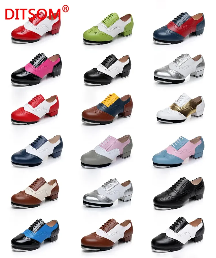 Stitching Retro Style Women Men Cow Leather Lace-Up Tap Dance Shoes Vintage Style Quality Split Soles Tap Dancing Shoes dance shoes