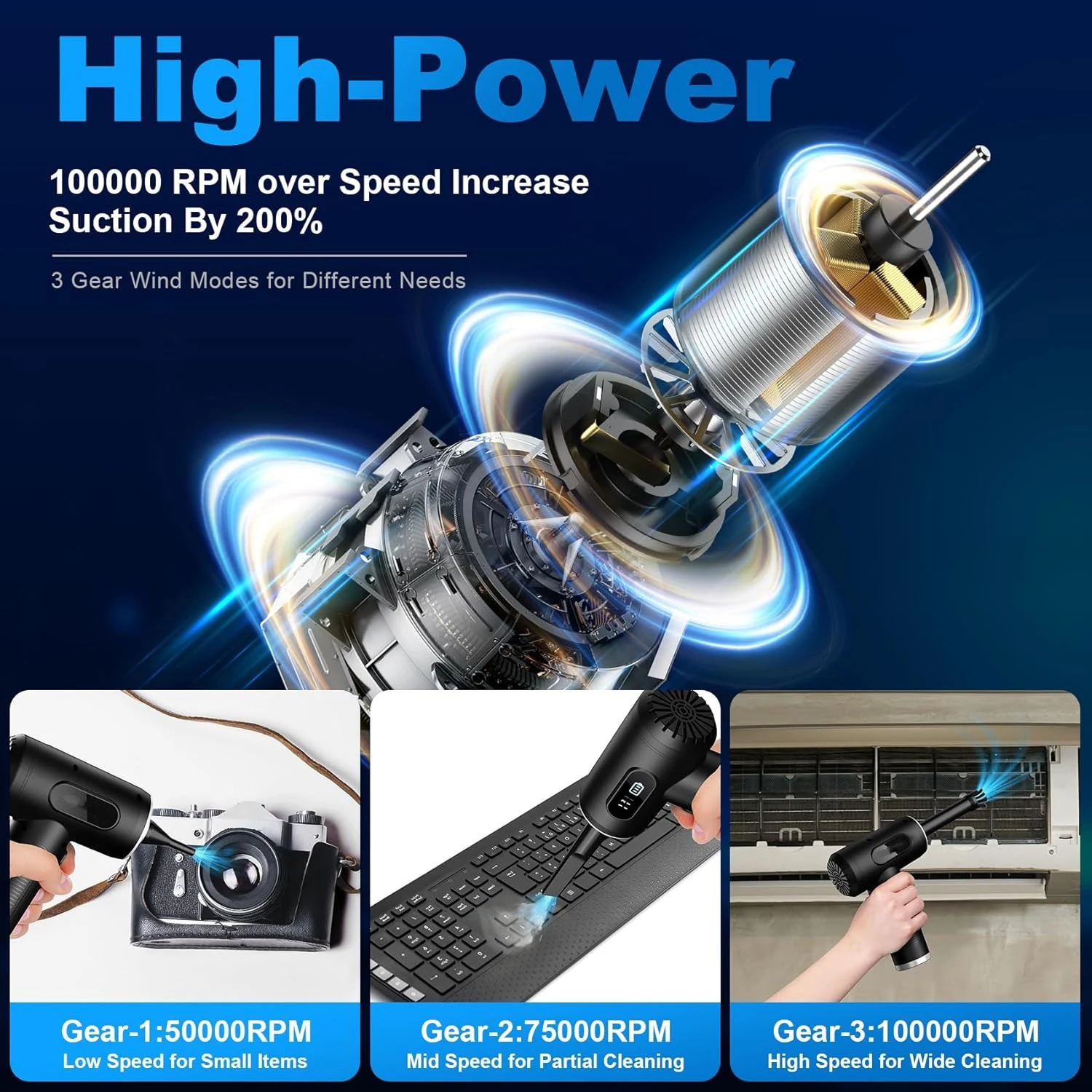 Compressed Air Duster-3 Gear Adjustable 100000RPM Electric Air Duster with LED Light, Rechargeable Cordless Blower