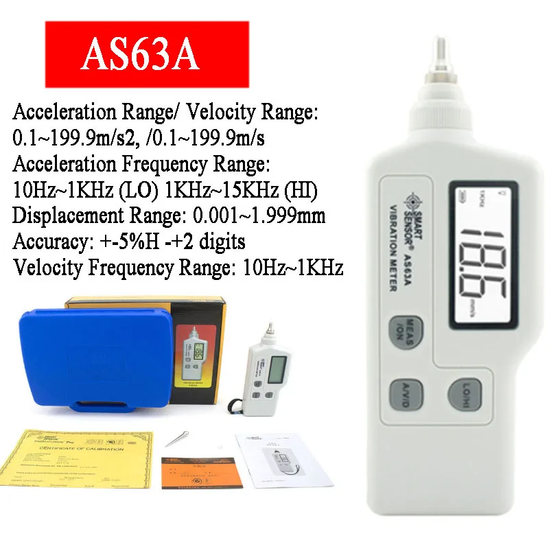 SMART SENSOR AS63A Portable Handheld Vibration Meter Digital LCD Screen Vibration Tester Acceleration