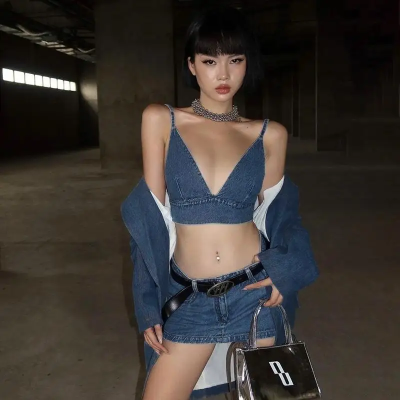 

CINESSD Fashion Sexy Suspender Backless Women Two-piece Sets 2024 Summer Spicy Female Camisole High Waisted Denim Skirt WS562