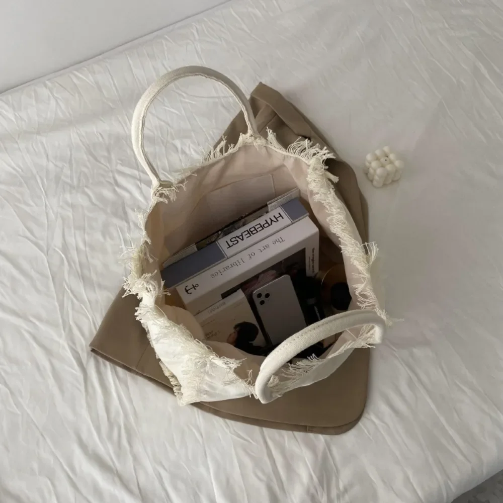 Vegan Canvas Tote Bags Women Fashion Versatile Tassels Shoulder Bag Female Casual Simple Large Capacity Handbag Girls School Bag