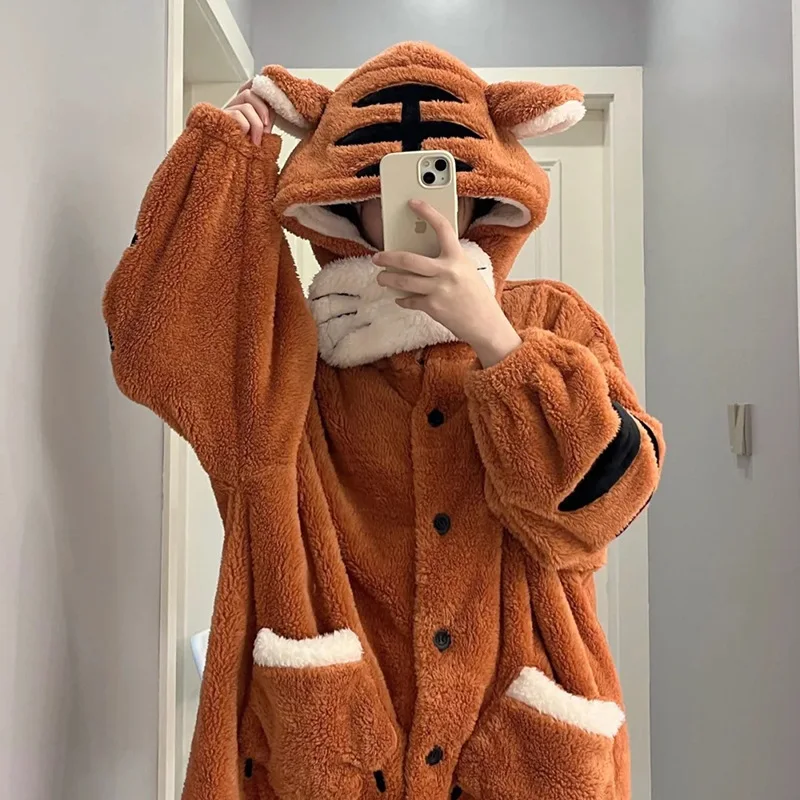 Tiger Nightgown Flannel Bath Robe Adult Animal Pajamas Women's Halloween Cosplay Pajamas Christmas Sleepwear Cartoon Homewear