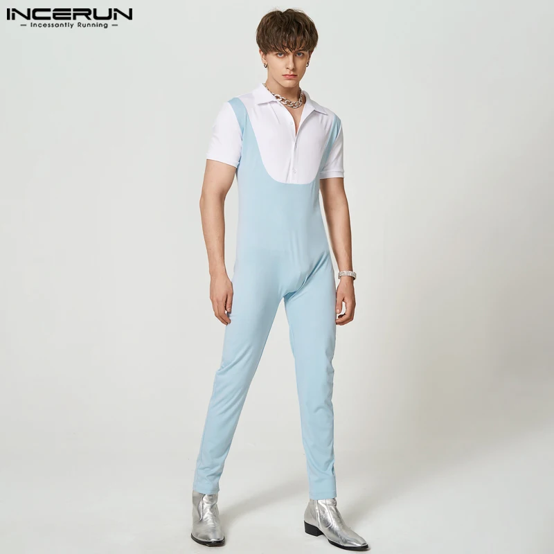 

2023 Men Jumpsuits Patchwork Lapel Short Sleeve Fitness Fashion Casual Rompers Streetwear Leisure Men's Overalls S-5XL INCERUN