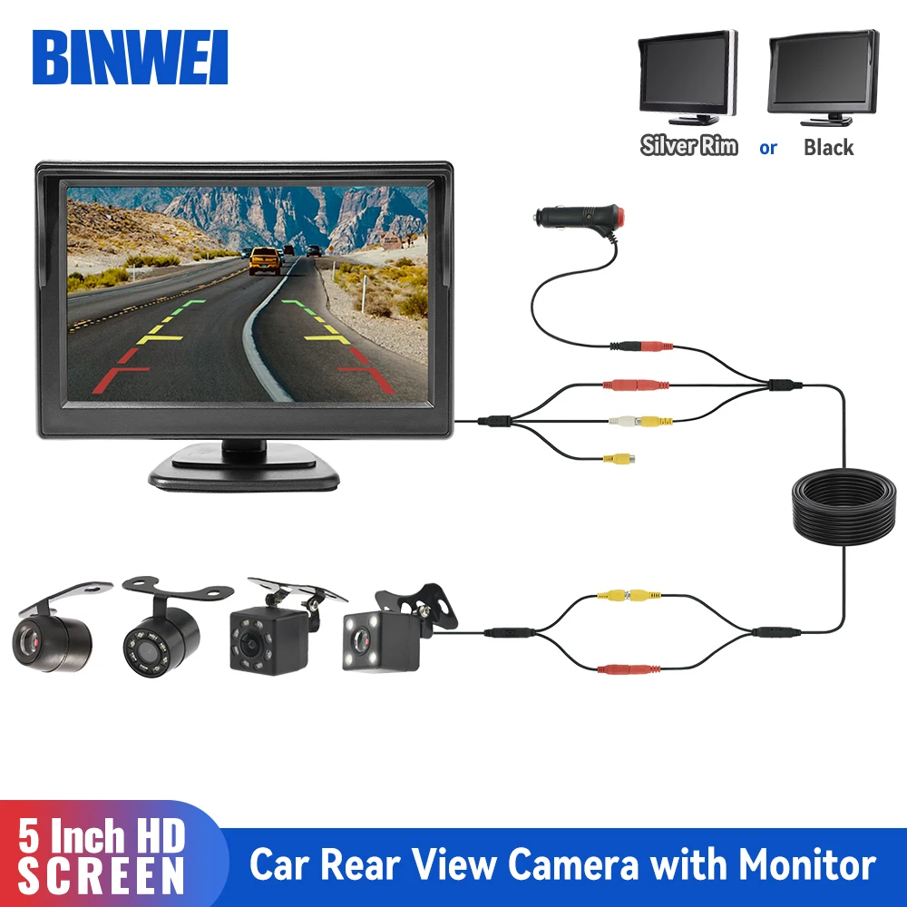BINWEI 5 Inch Car Monitor with Rear View Camera  for Vehicle Video Parking LED Night Vision HD Reversing Camera Screen Display