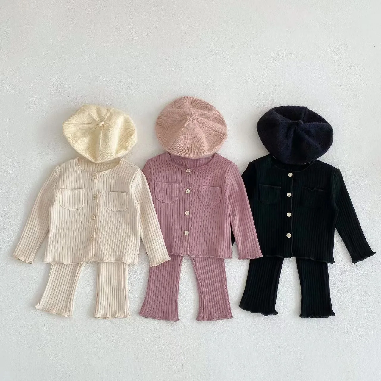 

2023 Autumn Baby Girls Sets Solid Color Infant Clothing Long Sleeve Cardigan+Trousers 2-Piece Outfits For Kids Casual Costume