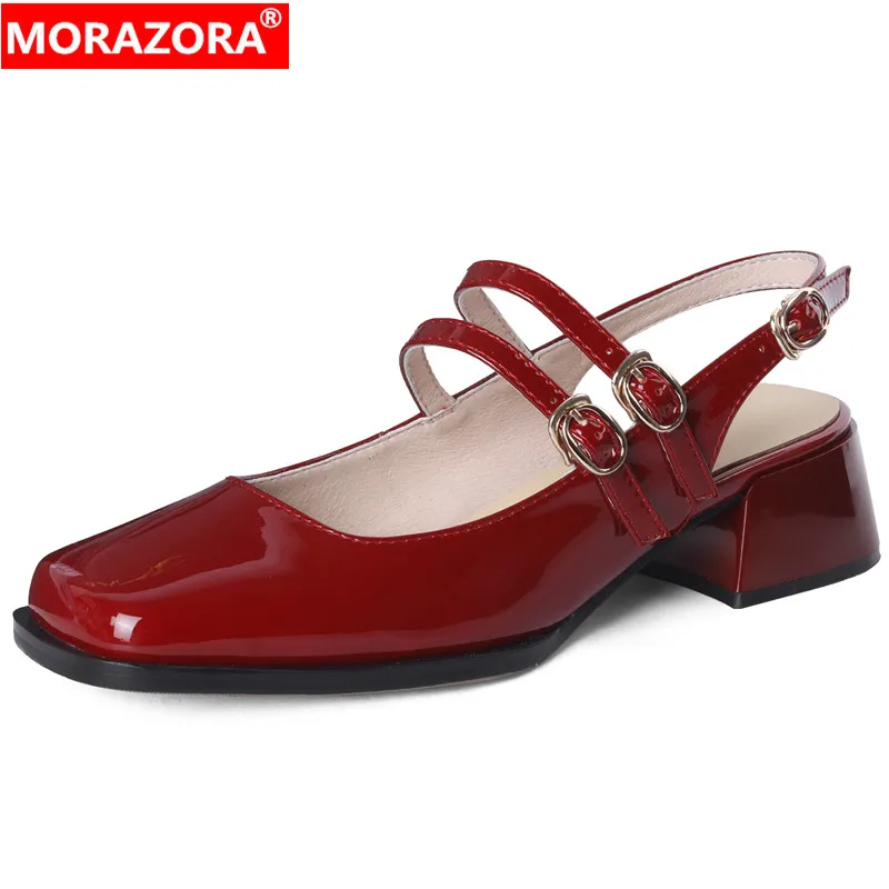 

MORAZORA 2023 New Top Sale Genuine Leather Sandals Woman Buckle Ladies Slingbacks Dress Shoes Square Med Heels Sandals