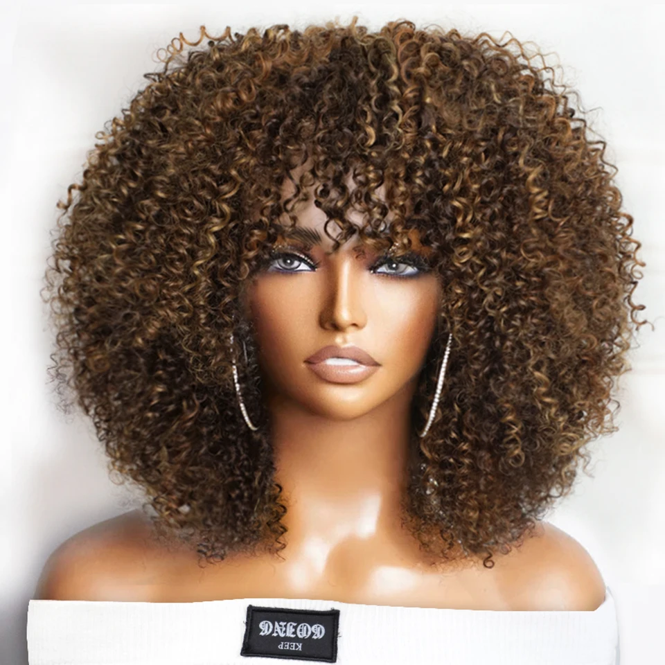 Human Hair Wigs Short Afro Kinky Curly Wig With Bangs Peruvian Highlight Brown Glueless Full Machine Wig 250 Density For Black Women Human Hair