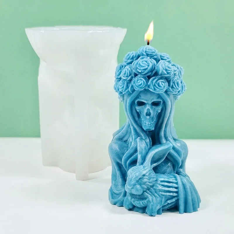 3D Witch Portrait Candle Silicone Mold DIY Halloween Skull Woman Holding Rabbit Candle Plaster Resin Making Mould Holiday Decor