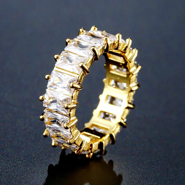 Handmade Eternity Promise Gold Crystal Ring AAA CZ Zirconia Engagement Wedding Band Rings for Women Men Finger Party Jewelry E