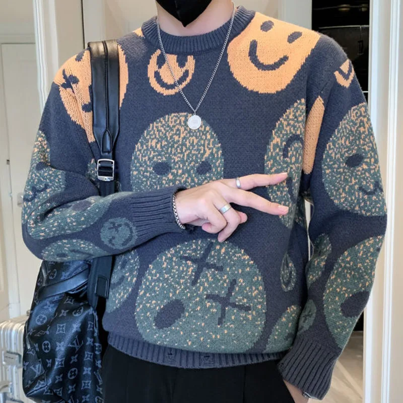 European Smiley Alphabet Print Pattern Sweater Pull Homme Male