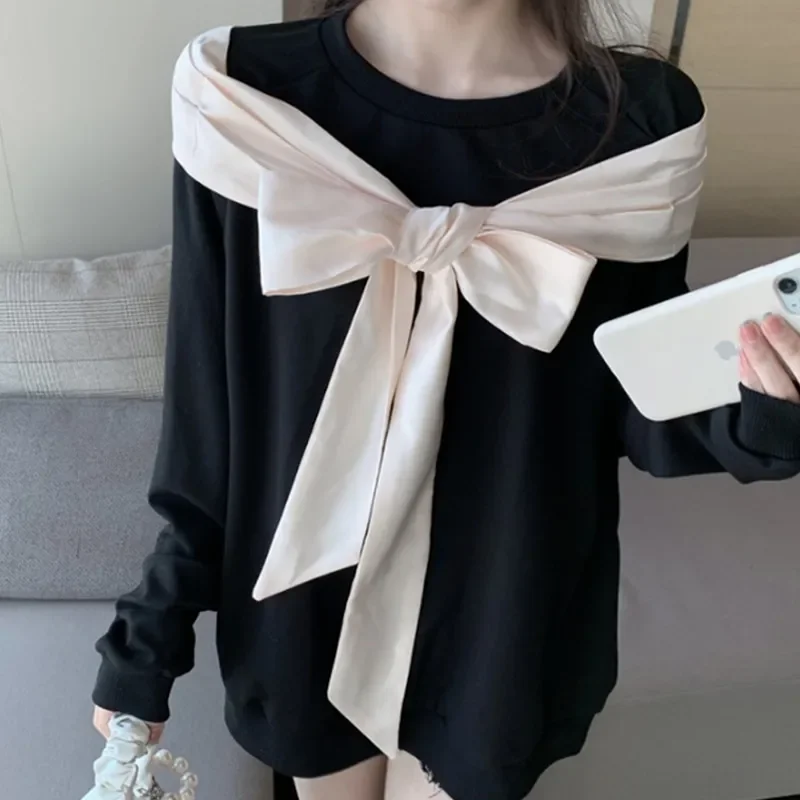 New Autumn Winter Korean Loose Fashion All-Match Long Sleeve Sweatshirt Shawl Bow Fake Two Pieces Hedging Women 2021 Pullover