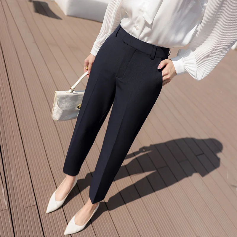 

High Waist Suit Pants Spring and Autumn Women's Clothing 2023 New Dark Blue Business Straight-Leg Cigarette Pants Ol Cropped Wor