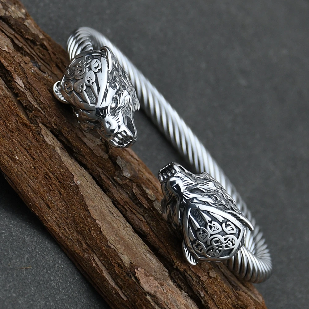Men Stainless Steel Viking Wolf Geri and Freki Bear Paw Head Bangle amulet Bracelets for Male Gift 3