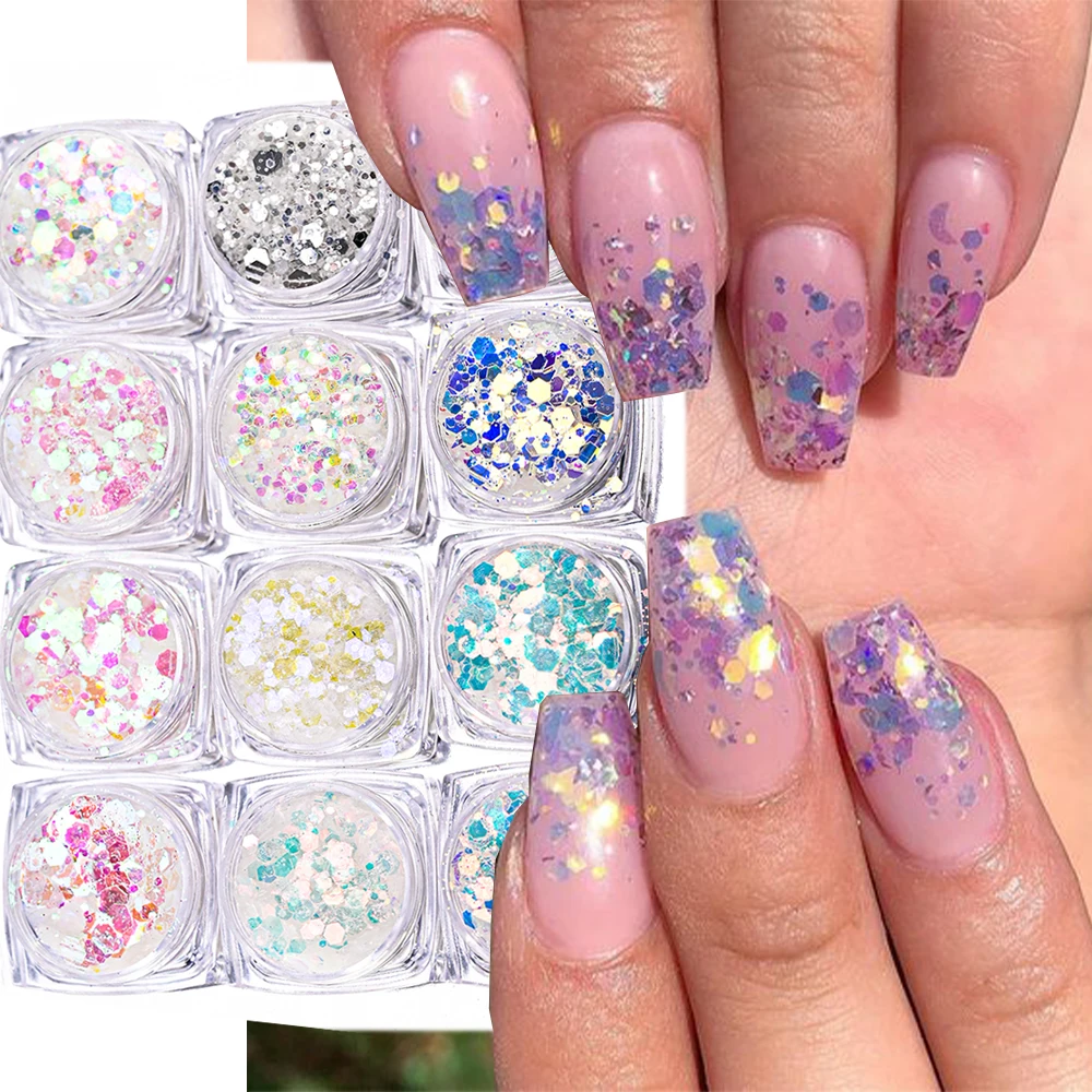 

Holographic AB Aurora Nail Sequins Set Mermaid Mixed Size Hexagon Chunky Glitter 12Color Shiny Chrome Powder for Nail Decor*IN3