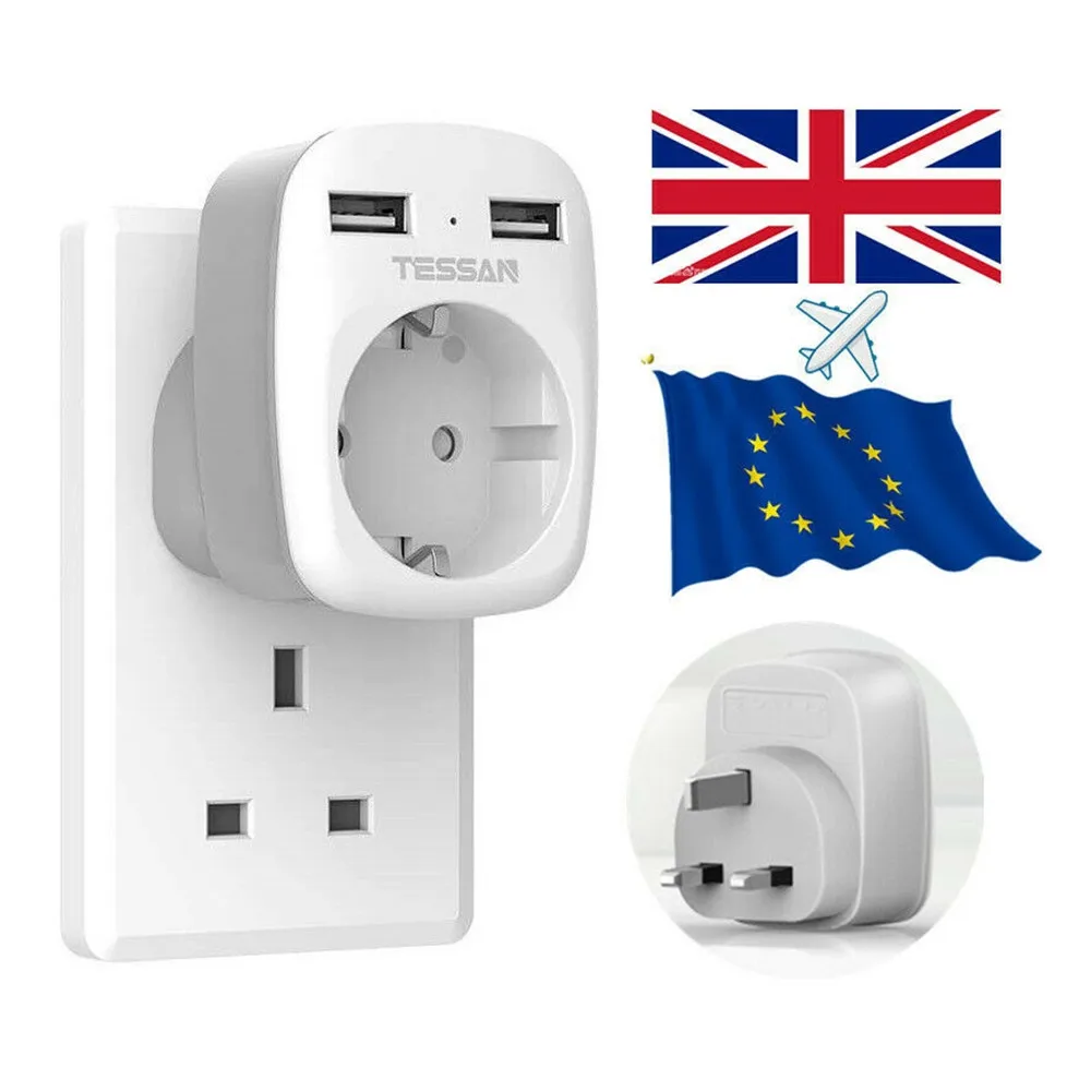 TESSAN EU Euro European to UK Travel Adapter Portable Wall Socket with 1 Outlet & 2 USB Ports Type G Plug England Adapter Socket