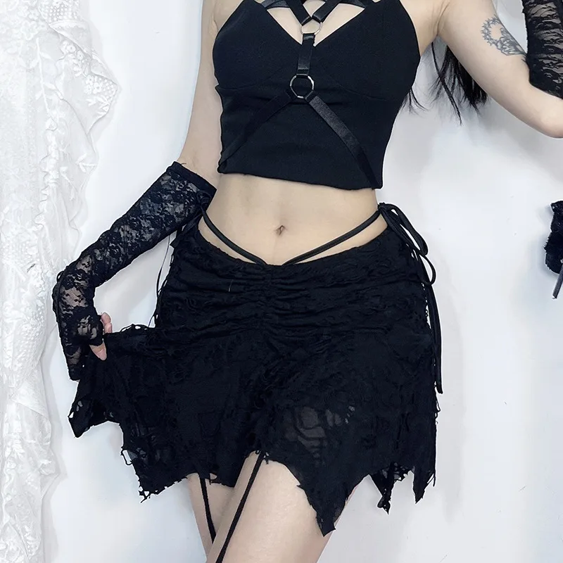 Goth Dark Casual Irregular Hem Holes Skirt