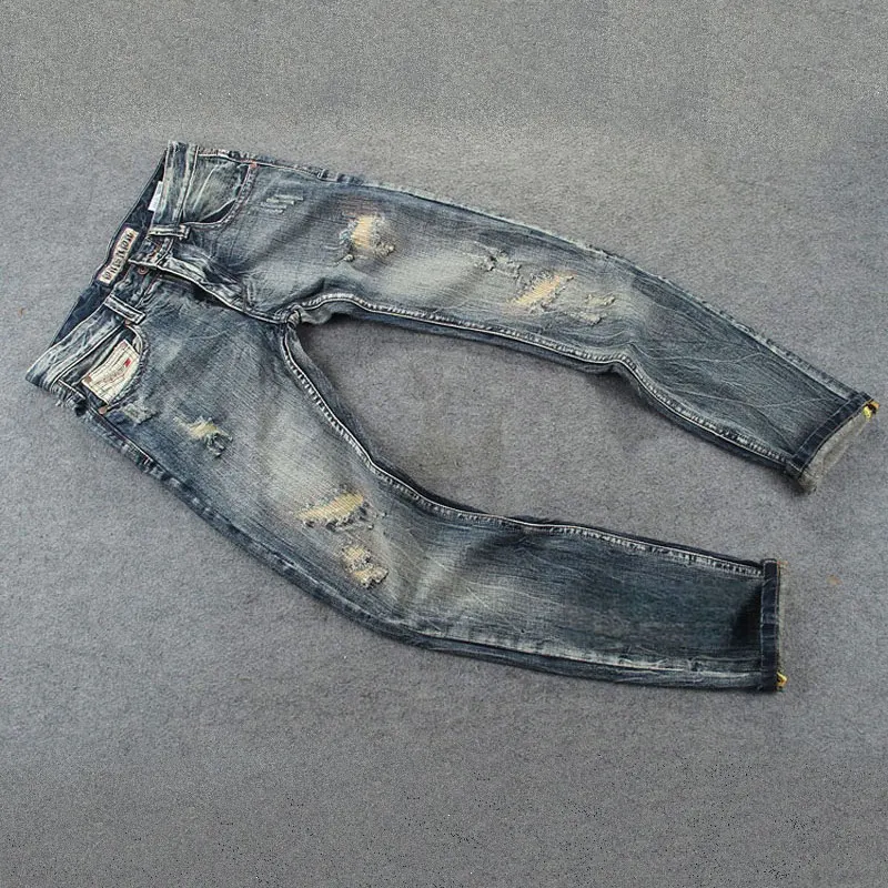 Streetwear Fashion Men Jeans Retro Washed Blue Stretch Slim Fit Patched Ripped Jeans Men Embroidery Designer Vintage Denim Pants