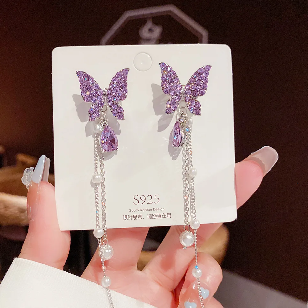 Sd2e79982244141a7b796d7a742c9f2b3I 925 Silver Needle Korean Purple Crystal Butterfly Earrings For Women Jewelry Trending Luxury Long Pearl Tassel Earrings Mallzona