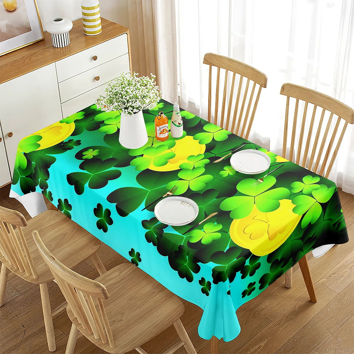 

Green Four Leaf Clover Rectangular Tablecloth Irish St. Patrick's Day Holiday Decorations for Kitchen Dining Room Party Banquet