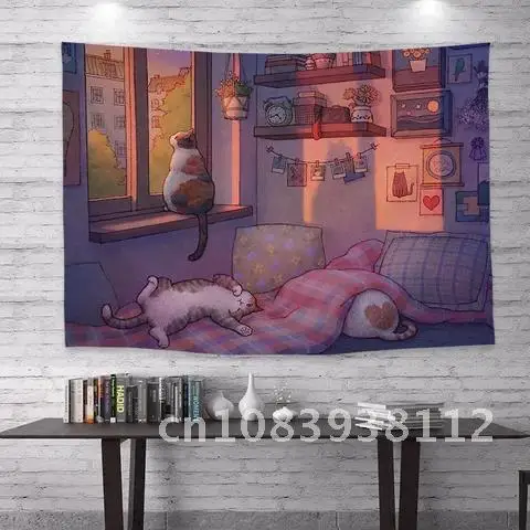 

Illustration Cat Background Cloth Korean Style Cure Dormitory Bedside Tapestry Bedroom Computer Room Wall Decoration
