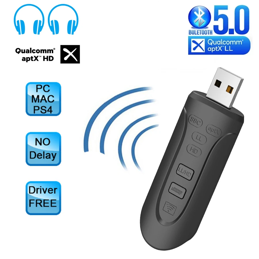 

AptX HD/LL USB Bluetooth 5,0 адаптер 3,5 мм AUX беспроводной аудио передатчик с микрофоном для ТВ PS4 ПК настольного компьютера ноутбука пара 2 наушников