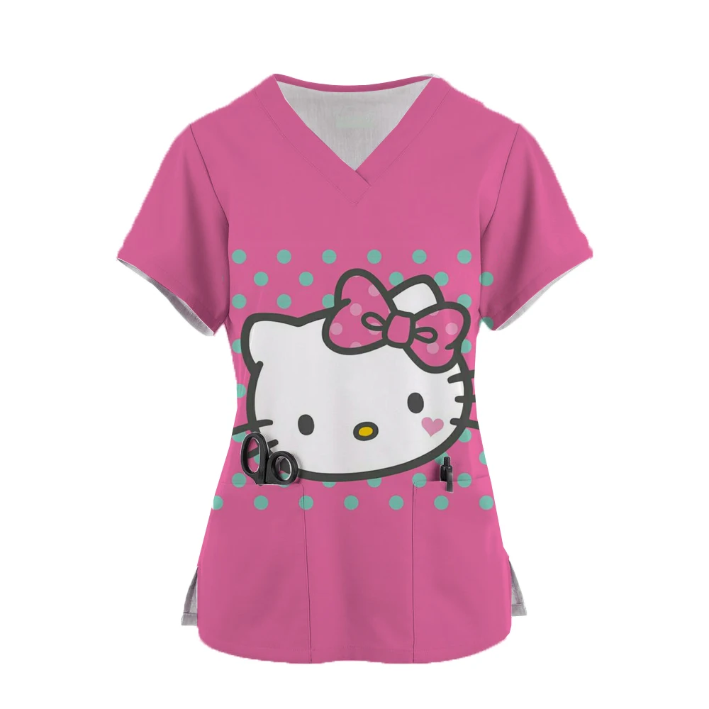 thumbnail image 1 of Uniforme de enfermera kawaii con estampado de Hello Kitty para mujer, blusa de manga corta con bolsillos, uniformes médicos de enfermería, 1 of 5