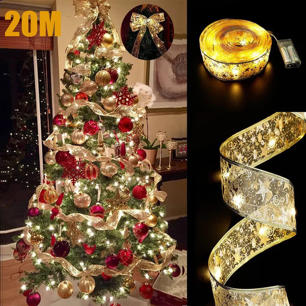

Christmas Decoration 20M Ribbon LED Light Garland Battery Operated Fairy Lights Curtain Color Christmas Tree Holiday Ornaments