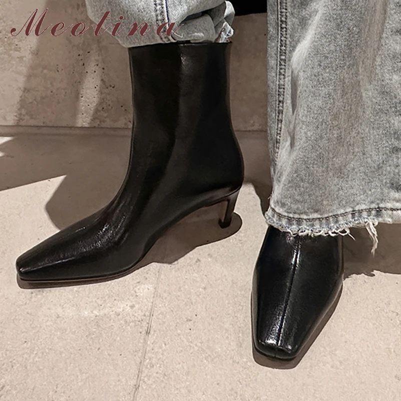 

Meotina Women Genuine Leather Ankle Boots Square Toe Thin High Heels Short Boots Ladies Fashion Shoes Autumn Winter Apricot 40