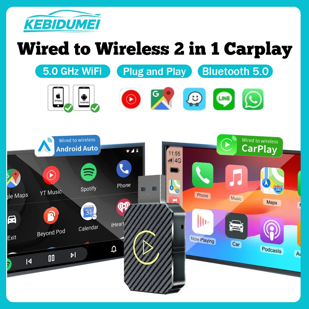 Wired To Wireless Carplay 2IN1 Car AI Box Plug & Play Smart Dongle Android Auto WiFi 5.0GHz Bluetooth 5.0 Mini Adapter bluetooth audio adapter bluetooth mp3 receiver bluetooth music player car audio converter