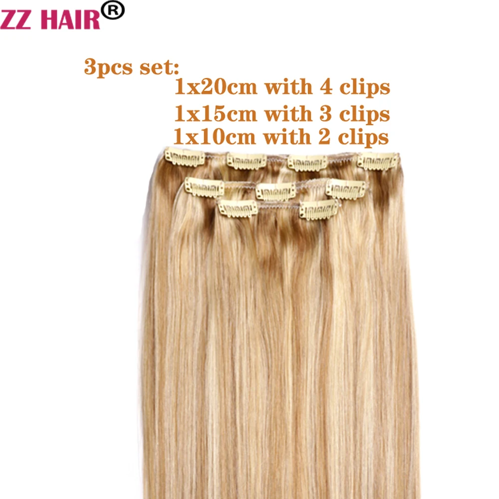 ZZHAIR Human Remy Hair Extensions 16"-24" 3 Pcs Set 100g Clips-in Three Pieces 1x20cm 1x15 cm 1x10cm Natural Straight