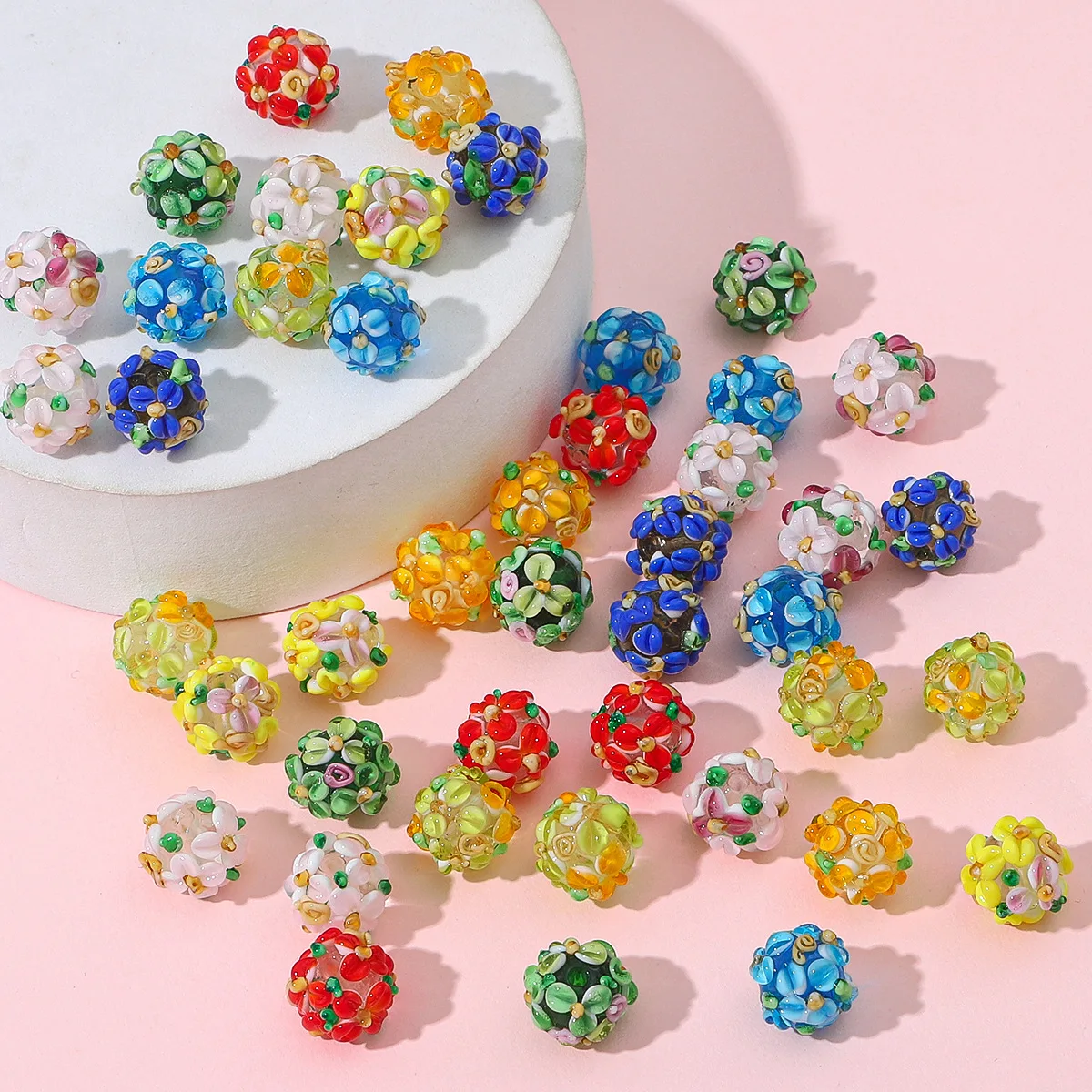 2pcs 12mm Round Charms Flower Beads Petals Handmade Lampwork Glass