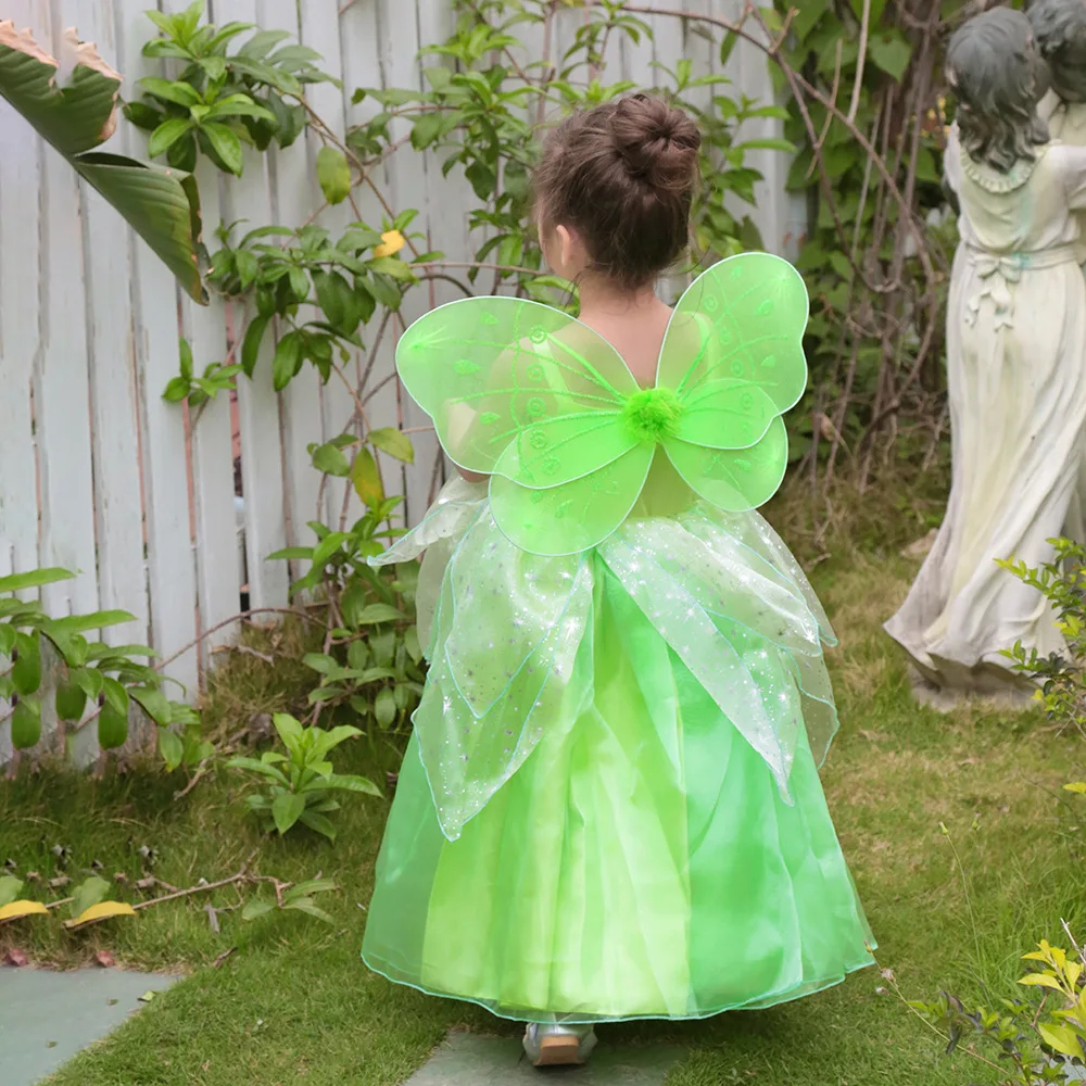 FairyTinker Bell Girls Princess Halloween Cosplay Baby Party Green Flower Fairy Children's Costume Butterfly Wings Set