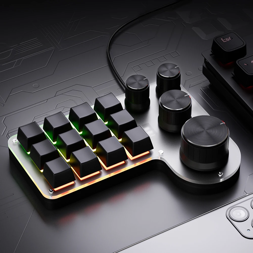 게이머 및 디자이너용 미니 기계식 키보드 핫스왑, 복사 붙여넣기, USB 유선, 블루투스 호환, RGB 단추, 12 키, 4 노브