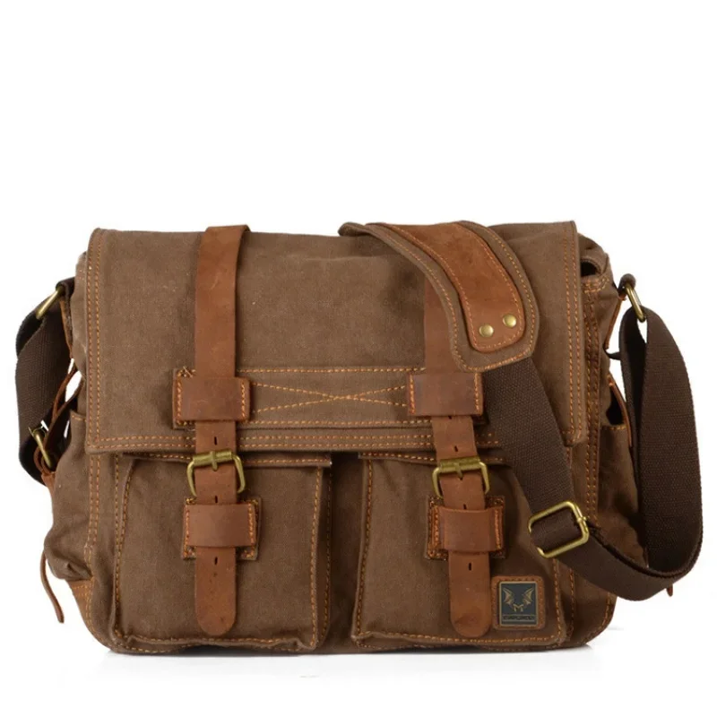 

Large Capacity Canvas Men's Shoulder Bag Vintage Cowhide Crossbody Bag High Quality Male Messenger Bag
