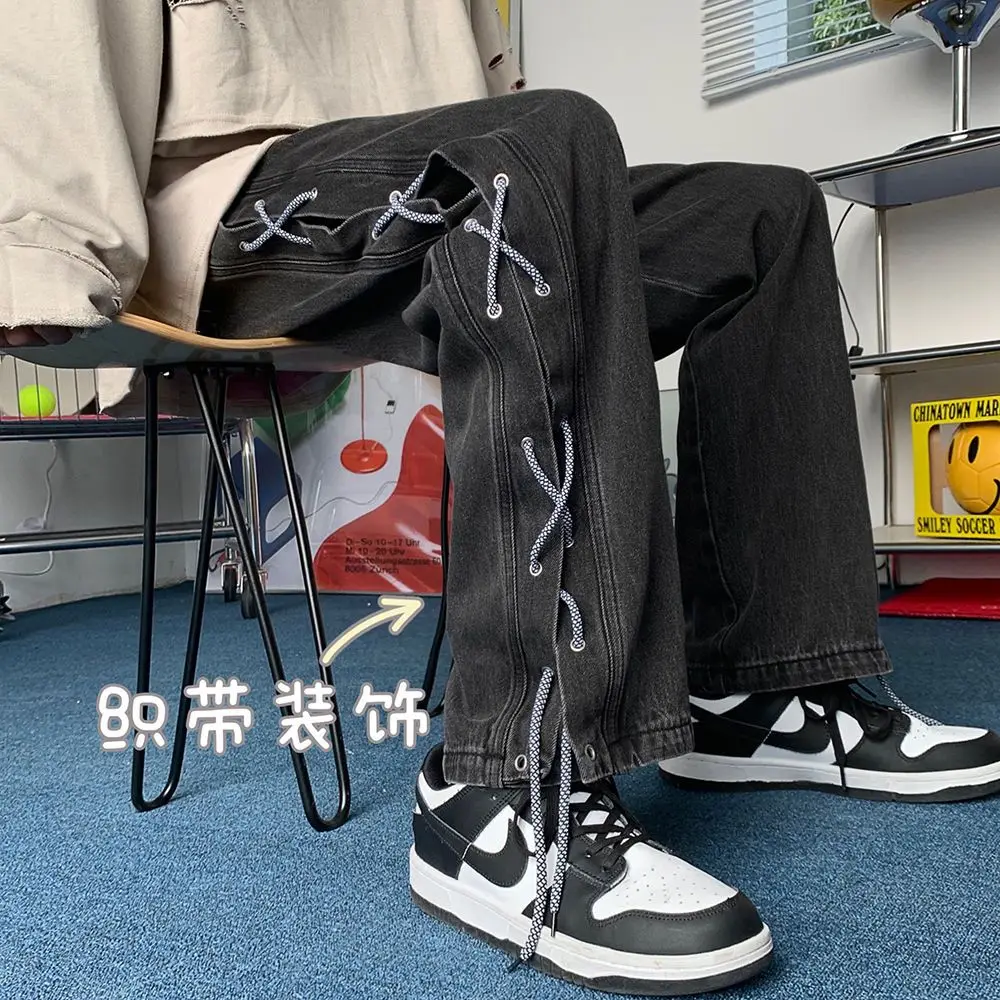 Streetwear Y2k Jeans Pants Lace Up Baggy Black Jeans Man Pants Designer Clothes Side Split Korean Fashion New