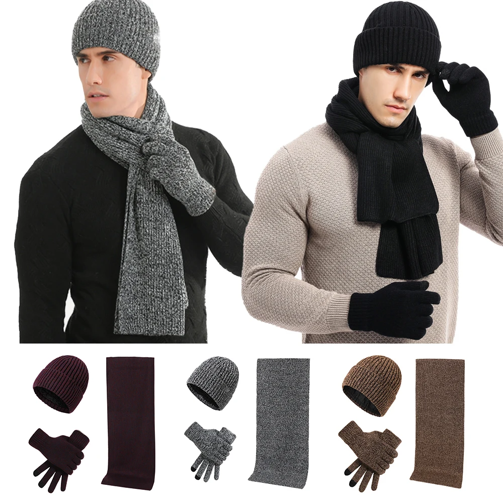 

Men's Autumn Winter Keep Warm Set Beanie Gloves Scarf Male Woolen Yarn Knitted Muffler Spring Fall Hat Solid Color Neckerchief