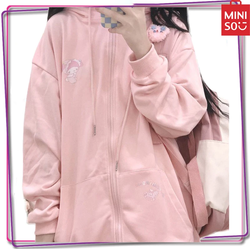 

2024 Miniso Sanrio Melody Y2K Cartoon Zipper Cardigan Hoodie Coat Women's Long Sleeved Warm Top Jacket Clothing Gift