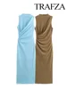 TRAFZA 2025 Spring Women Fashion Midi Dresses Split Hem O-Neck Sleeveless Fold Decorated Dress Solid Back Zipper Retro Dresses 1