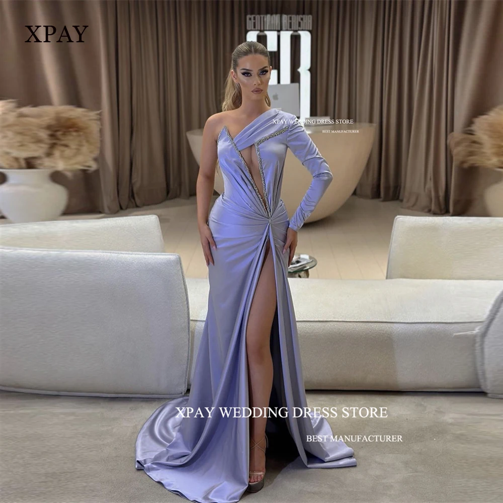 

XPAY Violet Mermaid Prom Dresses One Shoulder Long Sleeve High Split Shiny Detail Dubai Arabic Women Evening Gowns Formal Party