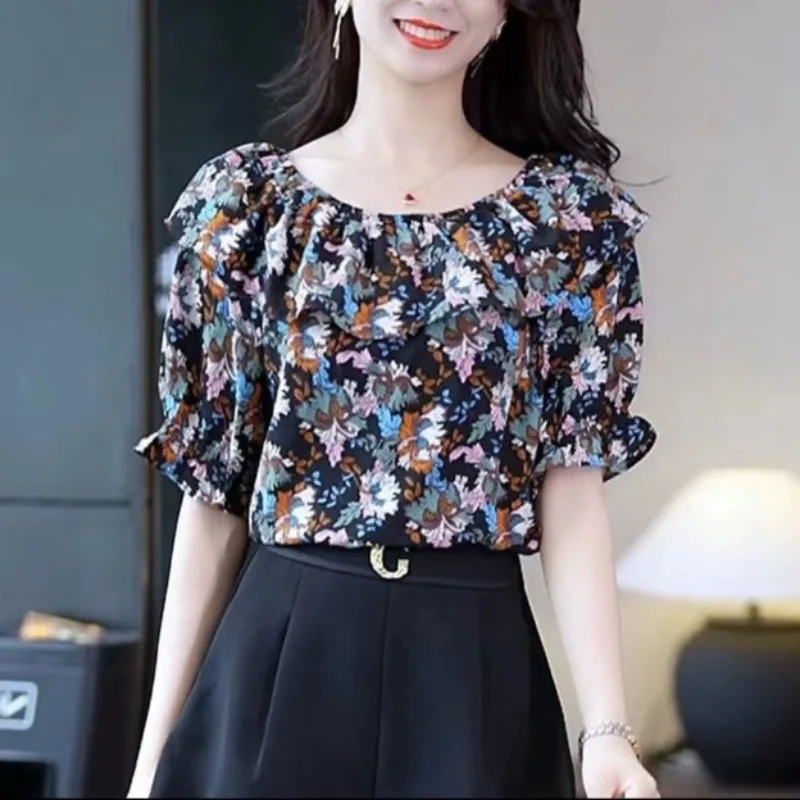 Fashion Women's Printed Slash Neck Elastic Shirt Tops 2024 Summer New Sweet Patchwork Ruffles Short Sleeve Loose Chiffon Blouses