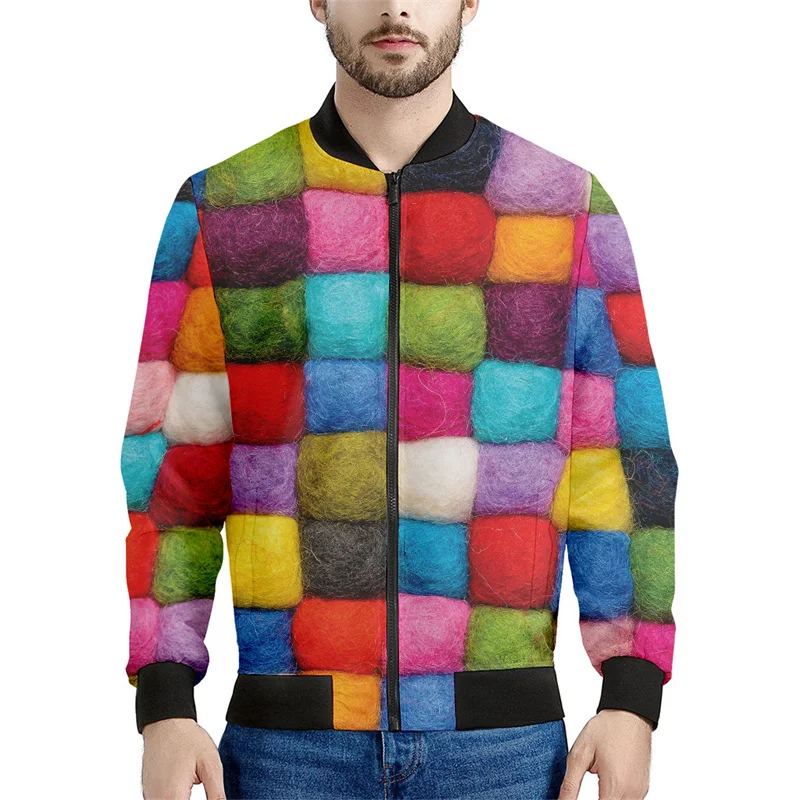 thumbnail image 1 of Chaquetas con estampado 3D de bolas de lana de colores para hombres y niños, sudadera de primavera y otoño, chaqueta bomber informal con cremallera, abrigo, 1 of 4