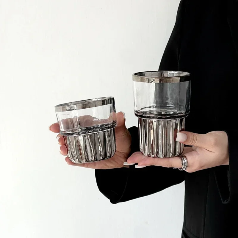 American Coffee Glass Cups Creative Vertical Pattern Water Cup Silver Milk Glasses Cold Brew Coffee Juice Cups Drinkware Tools