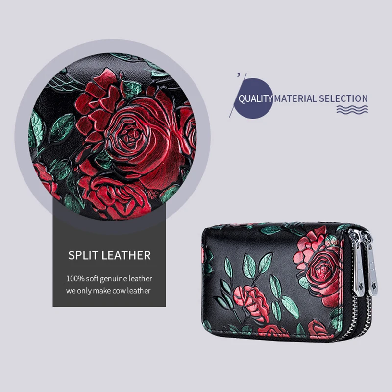Credit Card Holder Wallets for Women RFID Blocking Small Flowers Painted Leather Card Case Wallet Double Zipper Accordion Wallet