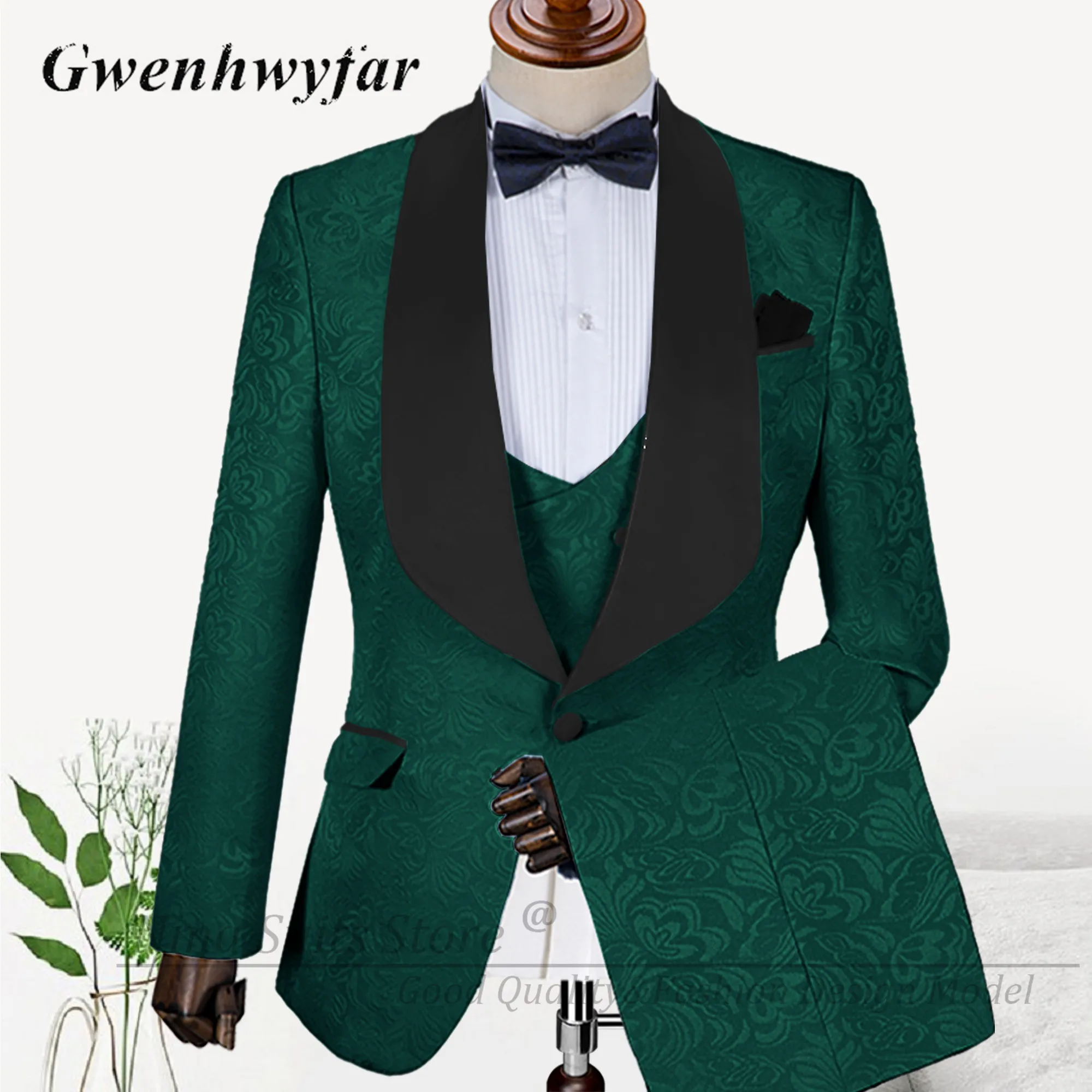G&N Italian Design Men's Pattern Suits Dark Green Jacqaurd Formal Blazer Pants for Groom Wedding Party Wear Costume Homme