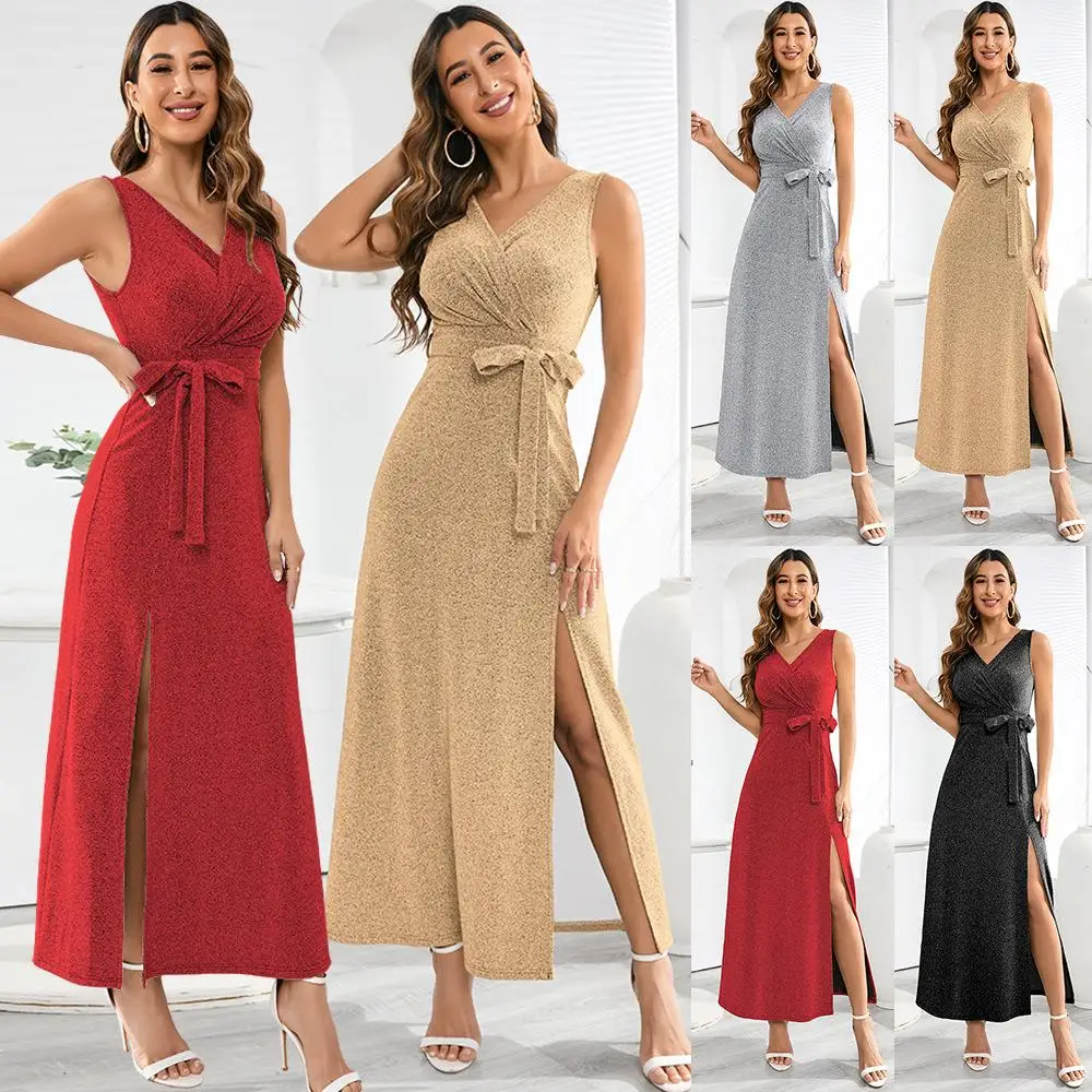 

Women Summer Elegant V Neck Long Dress Sparkly Glitter High Waist Belt Sleeveless Split Dress Side Split Glite Formal Clothes